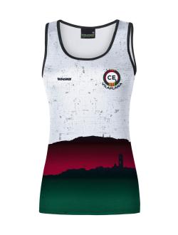 Camiseta de tirantes femenina ultraligera y elástica, ideal para running y atletismo con ribetes de lycra anti-rozaduras.