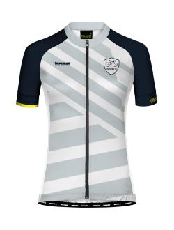 Maillot femenino para ciclismo de montaña, con rejillas microperforadas y tiras reflectantes. Diseño regular fit para libertad de movimiento, con bolsillos y opción de personalización.