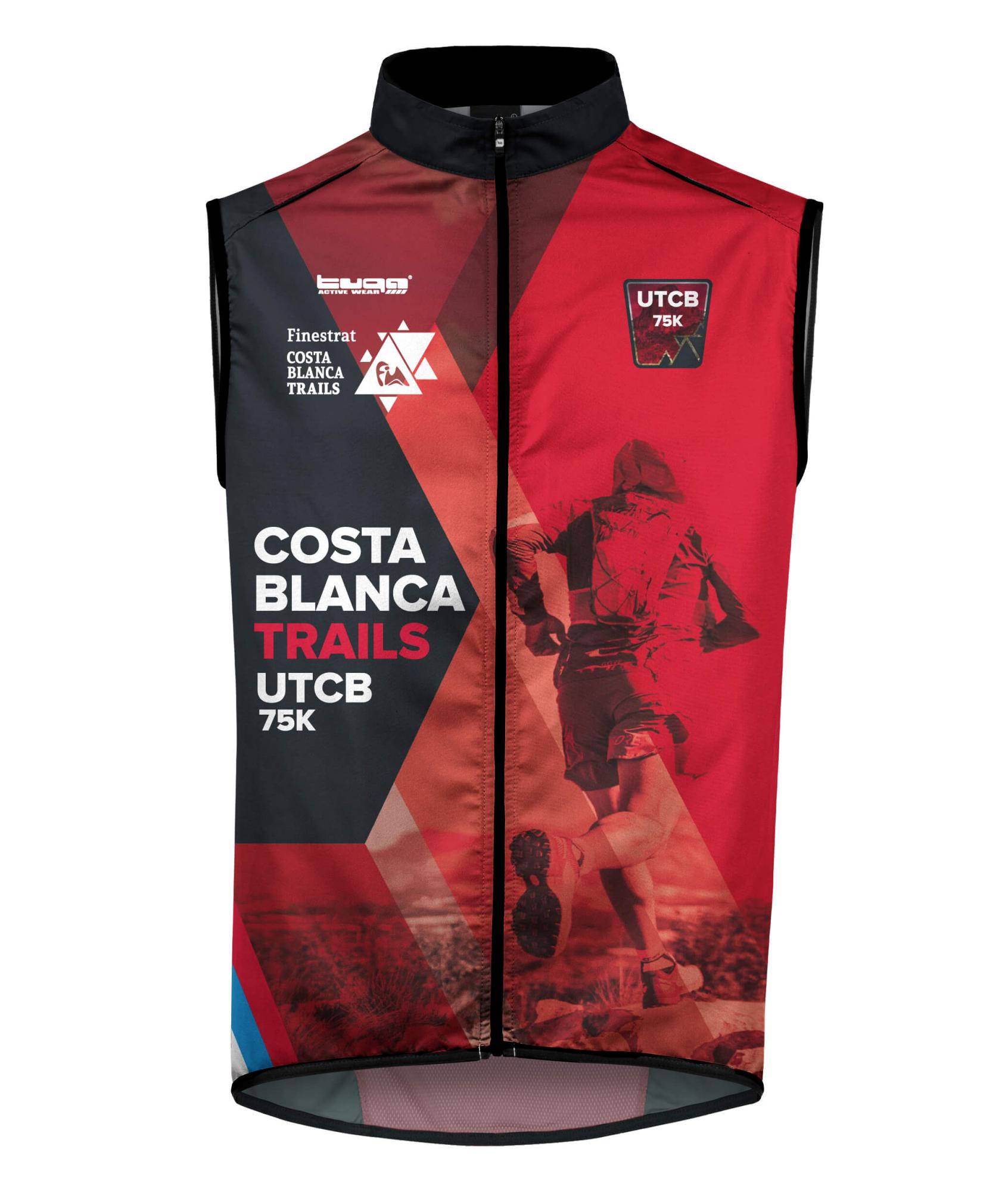 Chaleco de trail running fabricado en microfibra con propiedades Wind Breaker y rejilla elástica, disponible en versión unisex.